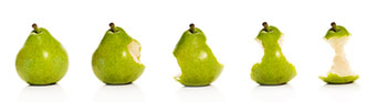 a row of 5 pears with successively more bites taken out of each one: the last pear on the right is eaten down to the core