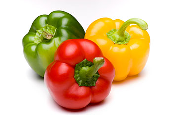 Three bell peppers: red, green, and yellow