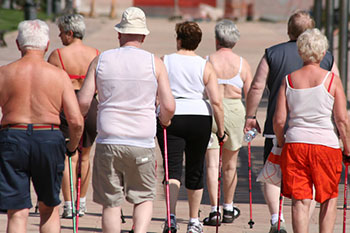 a group of senior citizen, seen from behind, walking and carrying walking sticks