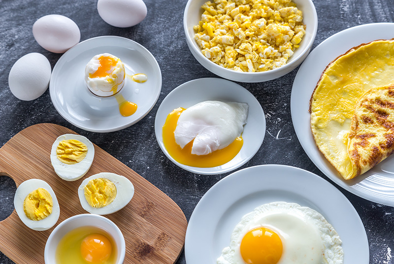 eggs cooked in various ways, from hard-boiled to poached to omelets