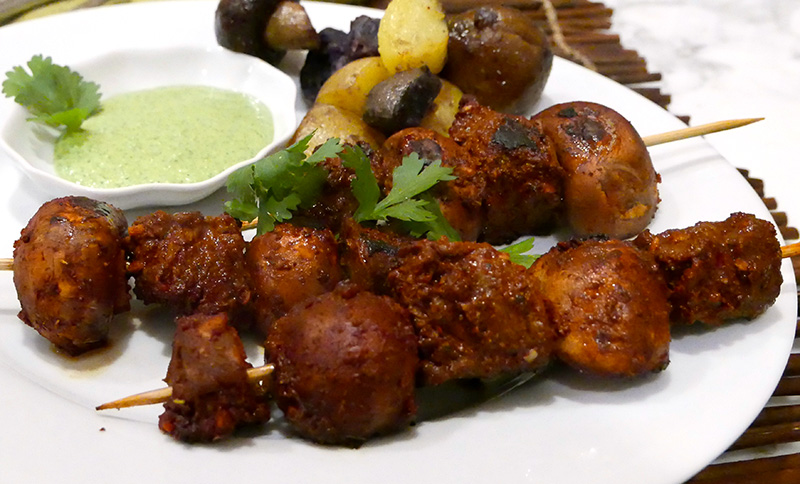 Peruvian Beef Kabobs served with Peruvian Green Sauce, both recipes from Dr. Gourmet