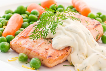salmon filet topped with caper mayonnaise sauce - click for recipe!