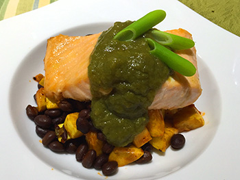 Salmon with Poblano Sauce over Black Beans with Summer Squash - two recipes from Dr. Gourmet