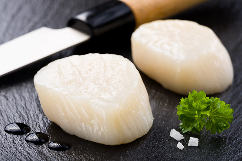 two fresh sea scallops on a stone surface with a knife in the background