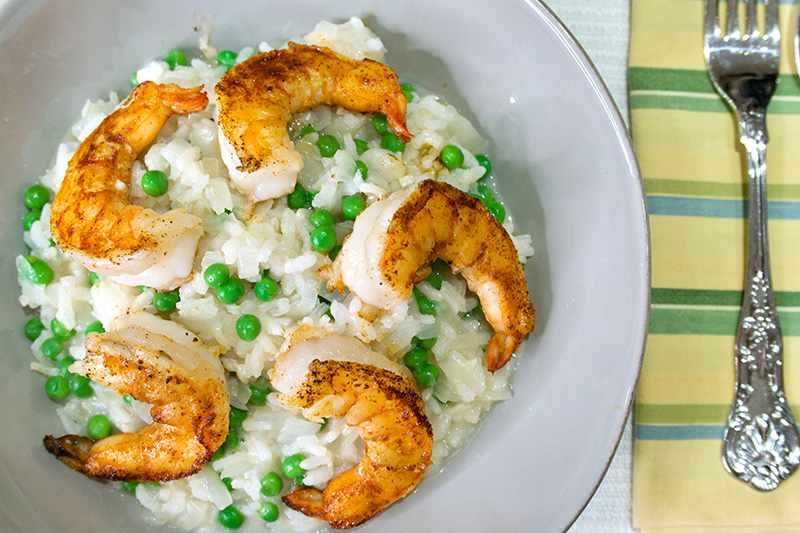 Risotto with Peas and Sauteed Paprika Shrimp recipe from Dr. Gourmet
