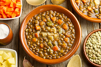 an overhead view of lentil vegetable soup