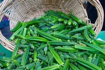 fresh okra spilling from a basket