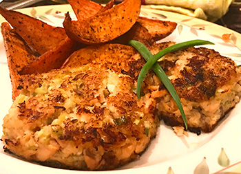 Salmon Cakes with Cajun Yam Fries, recipes from Dr. Gourmet