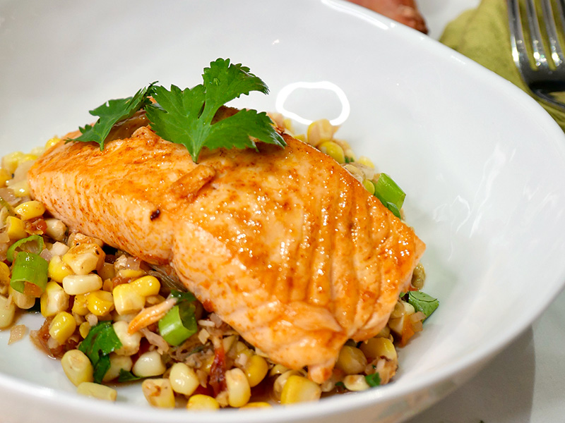 Roasted Salmon and Corn Relish recipe from Dr. Gourmet