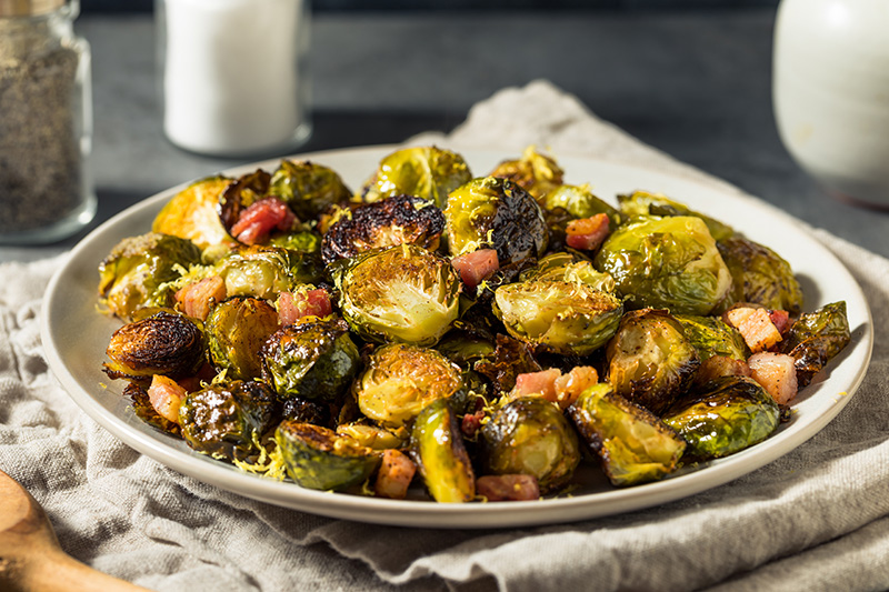 Roasted Savory Brussels Sprouts with Bacon recipe from Dr. Gourmet