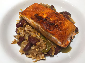 Salmon with Spanish Beans and Rice recipe from Dr. Gourmet