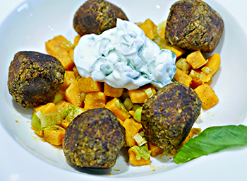 Tandoori Mushroom Balls with Curried Sweet Potato Salad recipe from Dr. Gourmet