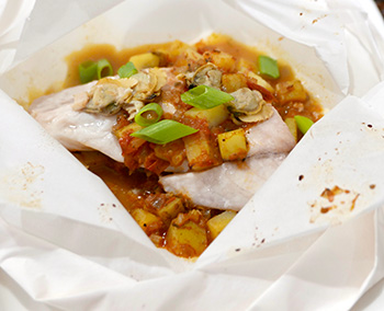 Fish in Parchment with Manhattan Clam Chowder recipe from Dr. Gourmet