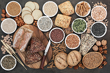 a variety of sources of whole grains, including grains, seeds, pastas, breads, and legumes